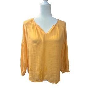 Orange Gauze Blouse Long Sleeve V‎ Neck Flowy Lightweight Top